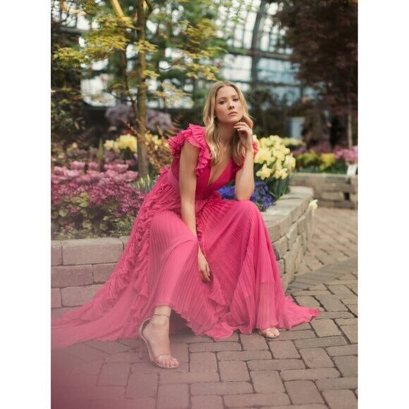 MAC DUGGAL Pleated Ruffle Cap Sleeve Chiffon Gown in Fuchsia Size US 8 - Picture 12 of 14